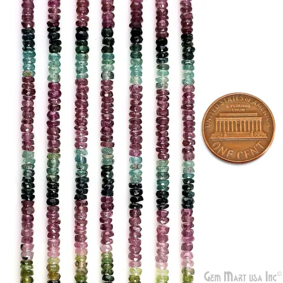 Tourmaline Rondelle Beads, 12.5 Inch Gemstone Strands, Drilled Strung Nugget Beads, Faceted Round, 3-4mm {2}