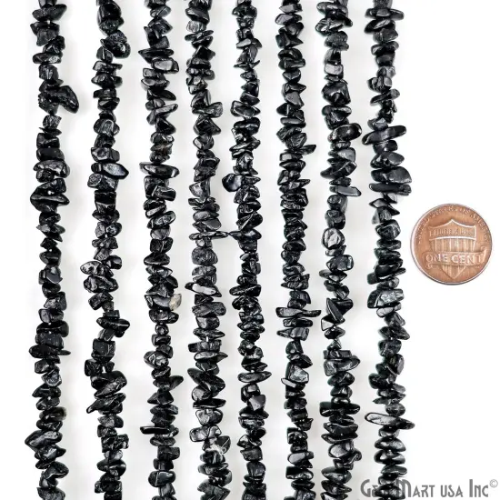 Black Tourmaline Chip Beads, 34 Inch, Natural Chip Strands, Drilled Strung Nugget Beads, 3-7mm, Polished, GemmartUSA (CHKT-70001) {3}