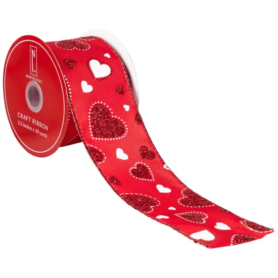 Northlight Glitter Hearts Valentine's Day Wired Craft Ribbon - 2.5" x 10 Yards - Red and White {7}