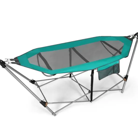 Outdoor Folding Hammock Bed with Breathable Fabric Metal Frame and Side Pocket Storage Black {7}