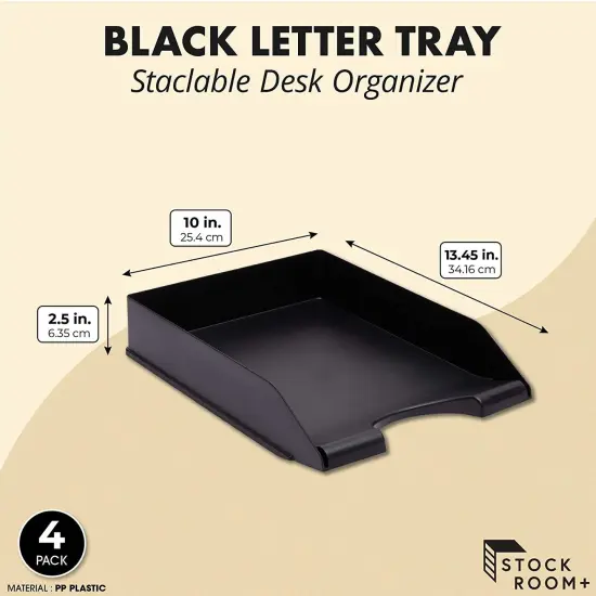 4 Pack Black Stackable Paper Trays for Letter Documents, Desktop File Organizers for Office Supplies, Stackable Desk Tray Holder for Paper Storage (10 x 13.45 x 2.5 In) {2}