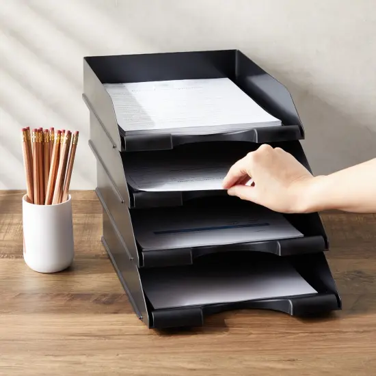 4 Pack Black Stackable Paper Trays for Letter Documents, Desktop File Organizers for Office Supplies, Stackable Desk Tray Holder for Paper Storage (10 x 13.45 x 2.5 In) {5}