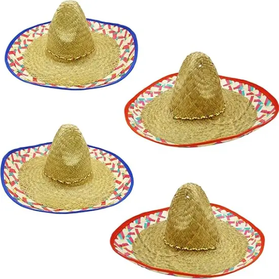 4E's Novelty 4 Pack Bulk Sombrero Hat Made Of Straw With Colorful Serape Trim And Chin Strap, Perfect Cinco De Mayo Hats For Adults Or A Giant Sombrero Hat Look Suits In mexico Sombreros For Party {1}