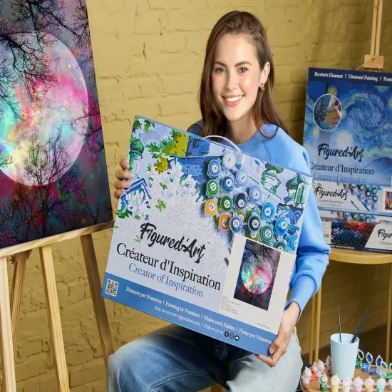 Figured'Art Paint by Numbers for Adults with Frame Full Moon with Colourful reflections 16"x20" - Craft Art Painting DIY Kit Canvas Already Stretched on a Wooden Frame {2}