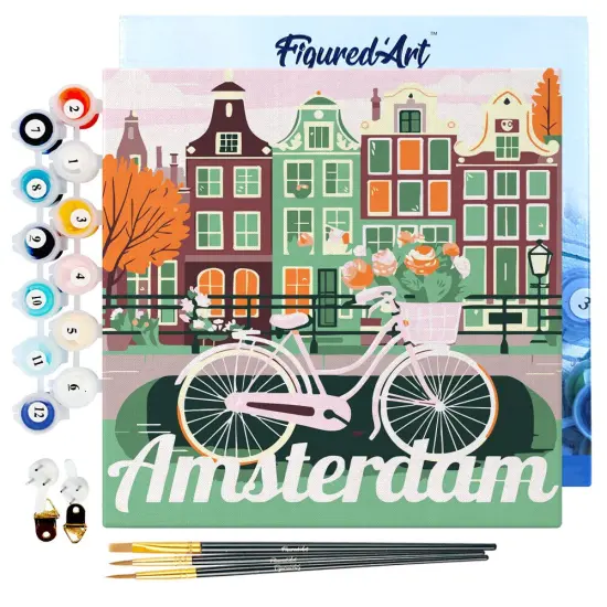 Figured'Art Mini Paint by Numbers Kit for Adults with Frame Travel Poster Amsterdam Small format 8"x8" - Craft Art Painting DIY Canvas Already Stretched on a Wooden Frame {1}