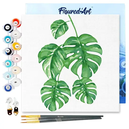 Figured'Art Mini Paint by Numbers Kit for Adults with Frame Monstera Leaves Small format 8"x8" - Craft Art Painting DIY Canvas Already Stretched on a Wooden Frame {1}