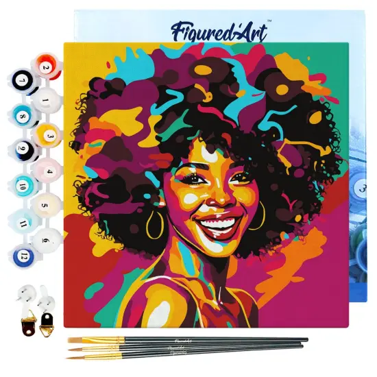Figured'Art Mini Paint by Numbers Kit for Adults with Frame African American Beauty Pop Art Small format 8"x8" - Craft Art Painting DIY Canvas Already Stretched on a Wooden Frame {1}