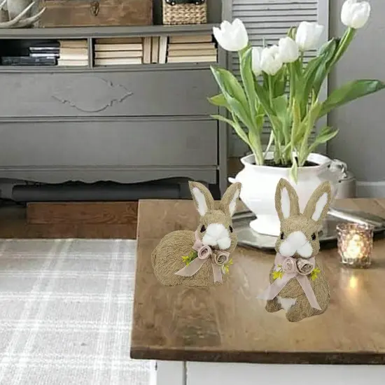 10" Sisal Easter Bunny Decor &ndash; Set of 2 with Floral Bows {2}