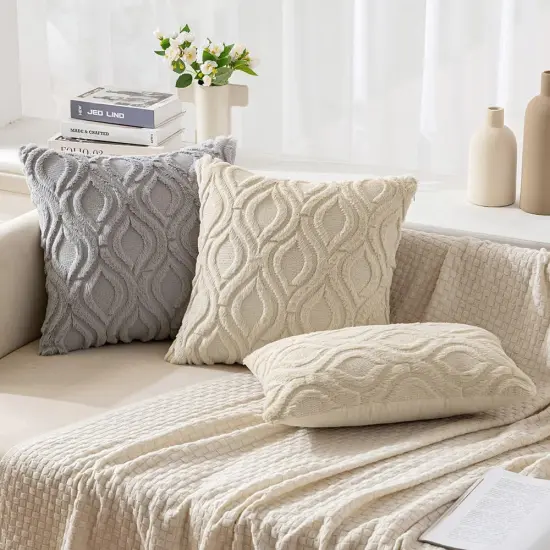 Beige Throw Pillow Covers 18x18 Inch, Soft Winter Plush Faux Wool Couch Pillow Covers Set of 2 Decorative Farmhouse Boho Throw Pillows for Sofa Living Room Bed {5}