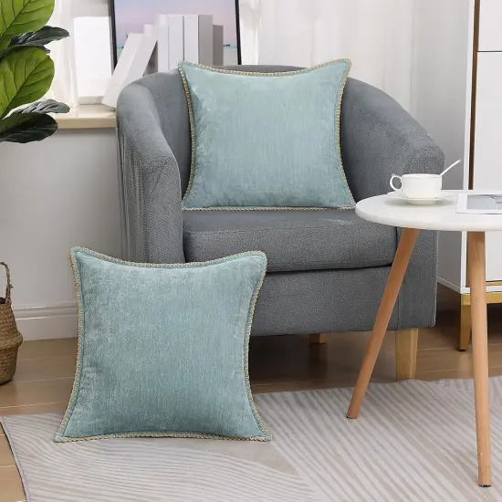 Chenille Soft Throw Pillow Covers 18x18 Set of 2, Farmhouse Velvet Decorative Pillow Covers with Stitched Edge for Couch Sofa Bed, Aqua Haze {5}