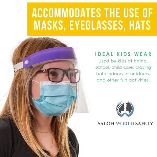 Salon World Safety Kids Face Shields (Pack of 5) - 5 Colors, 1 Each - Clear Protective Children's Full Face Shields - Anti-Fog PET Plastic {5}