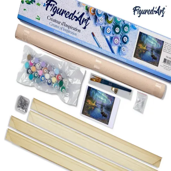 Figured'Art Paint by Numbers for Adults Moose and aurora borealis 16"x20" - Craft Art Painting Rolled Canvas with DIY wooden frame {5}