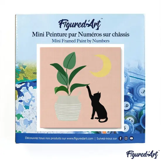Figured'Art Mini Paint by Numbers Kit for Adults with Frame Cat plays with plant in the moonlight Small format 8"x8" - Craft Art Painting DIY Canvas Already Stretched on a Wooden Frame {3}
