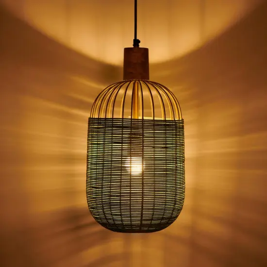 Handcrafted Wooden Plug-in Hanging Lamp - 9.4" x 9.4" x 16.9" {2}