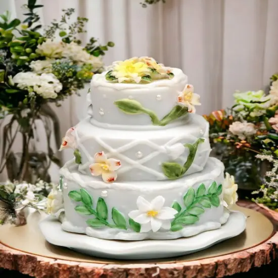 Ceramic Wedding Cake with Flowers Jewelry Box, Wedding D&eacute;cor or Gift, Anniversary D&eacute;cor or Gift, Home D&eacute;cor, Vanity Decor {2}