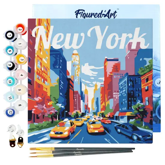 Figured'Art Mini Paint by Numbers Kit for Adults with Frame Travel Poster New York City Small format 8"x8" - Craft Art Painting DIY Canvas Already Stretched on a Wooden Frame {1}