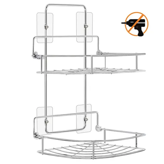 Bathroom Corner Two-Level Wall-Mounted Storage Shelf, Stainless Steel Without Drilling {1}