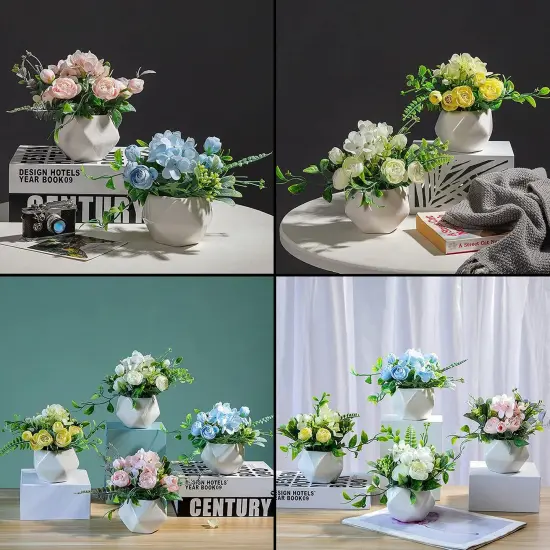 Set of 4 Mini Artificial Camellia Flowers &ndash; Faux Silk Flowers in Ceramic Vase for Home & Event D&eacute;cor {2}