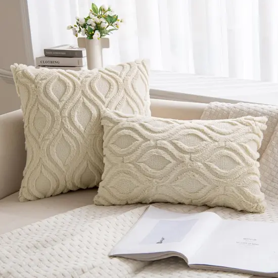 Beige Throw Pillow Covers 18x18 Inch, Soft Winter Plush Faux Wool Couch Pillow Covers Set of 2 Decorative Farmhouse Boho Throw Pillows for Sofa Living Room Bed {4}