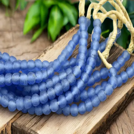 7-9mm Matte Blue African Recycled Glass Beads (18" Strand) {1}