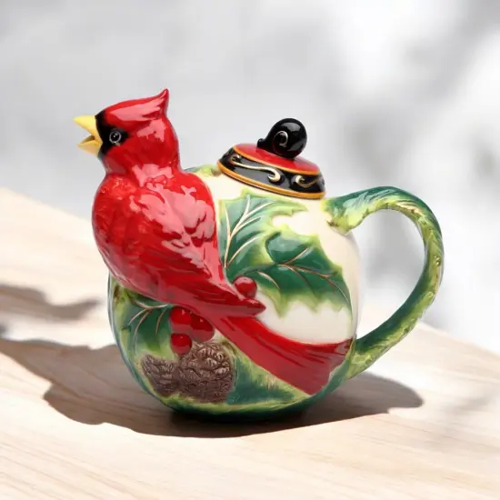 Ceramic Cardinal Bird with Poinsettia Christmas Teapot, Christmas Decor, Bird Watcher Gift, Gift for Her, Gift for Mom {2}