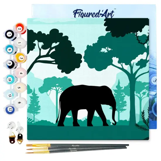 Figured'Art Mini Paint by Numbers Kit for Adults with Frame Elephant in the Forest Small format 8"x8" - Craft Art Painting DIY Canvas Already Stretched on a Wooden Frame {1}