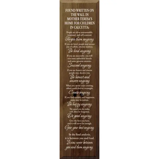 Solid Knotty Pine Wall Art - Inspirational Quote from Mother Teresa&rsquo;s Children&rsquo;s Home Walnut-White {1}