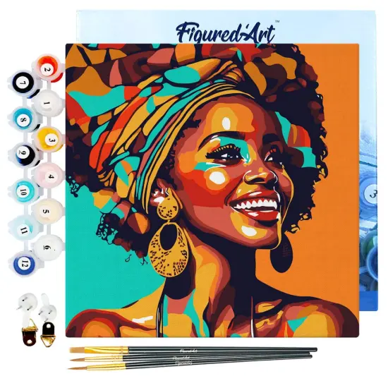 Figured'Art Mini Paint by Numbers Kit for Adults with Frame African Queen Pop Art Small format 8"x8" - Craft Art Painting DIY Canvas Already Stretched on a Wooden Frame {1}