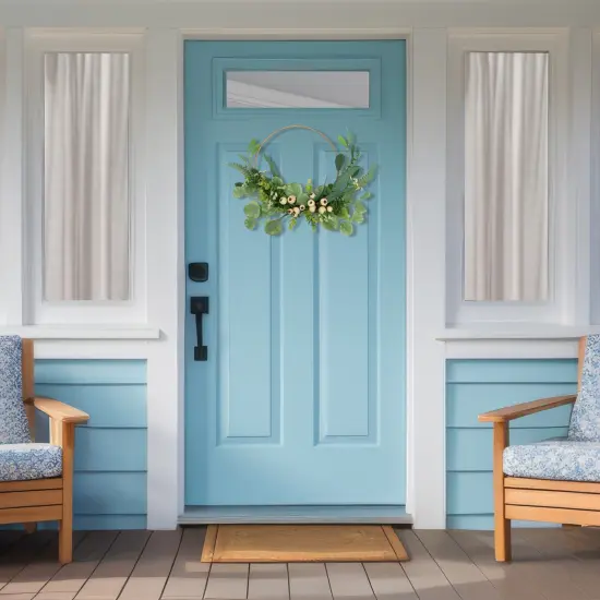 Northlight Eucalyptus Leaf and Fern Golden Ring Artificial Wreath - 30" Green {4}