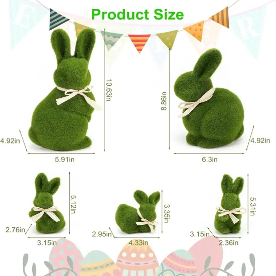 10" & 5" Moss Easter Bunny Decor – Set of 5 Faux Green Rabbits {5}