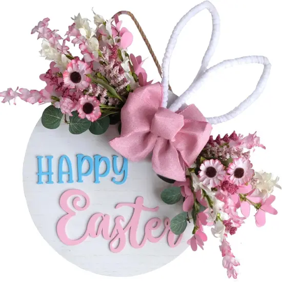 16" Spring Pink Flower Wreath with Happy Easter Sign &ndash; Front Door & Wall Decor {1}