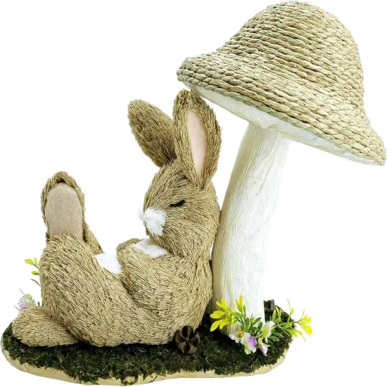 9.6" Sisal Easter Bunny Under Mushroom &ndash; Rustic Spring Decor {1}