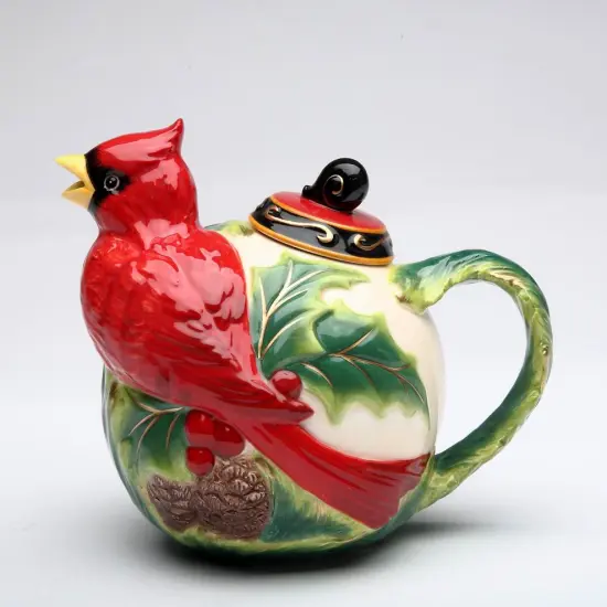 Ceramic Cardinal Bird with Poinsettia Christmas Teapot, Christmas Decor, Bird Watcher Gift, Gift for Her, Gift for Mom {3}