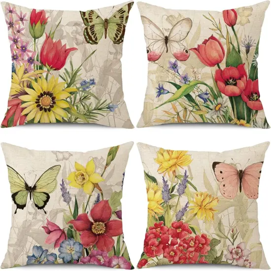 Throw Pillow Covers 16x16 Set of 4 Decorative Spring Pillow Covers Linen Flower Butterfly Farmhouse Pillowcases for Sofa Couch Living Room Outdoor (16" x 16") {1}