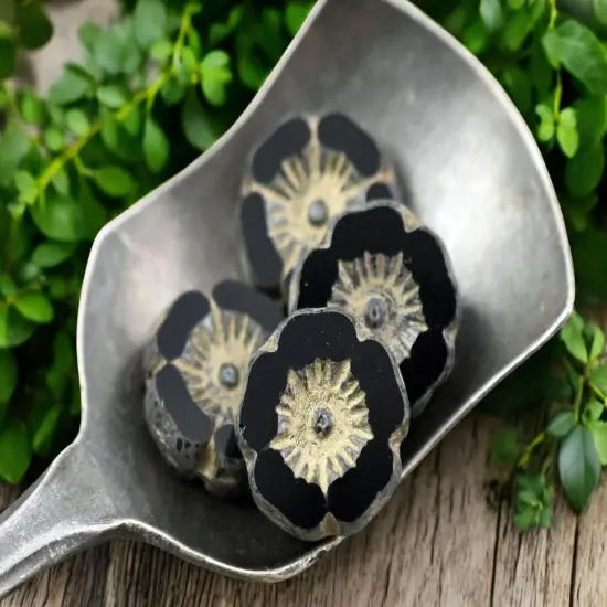 *12* 12mnm Gold Washed Jet Picasso Hawaiian Flower Beads {2}