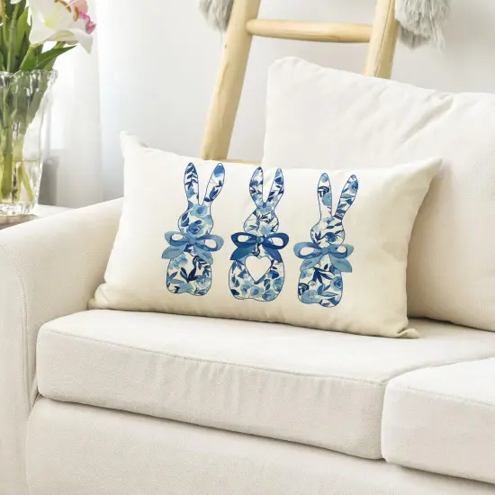 Easter Blue and White Porcelain Color Bunny Throw Pillow Cover, 12 x 20 Inch Flowers Cushion Case Decoration for Sofa Couch {5}