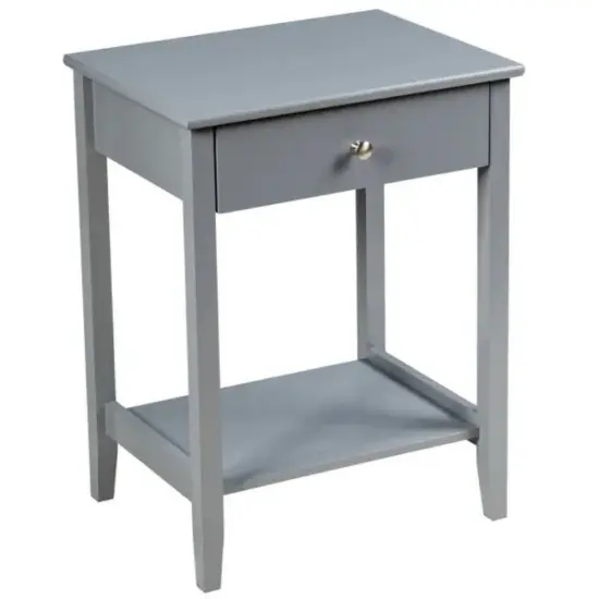 2-Tier Wooden Storage Display Nightstand End Table with 1 Drawer and Metal Handle Grey {1}