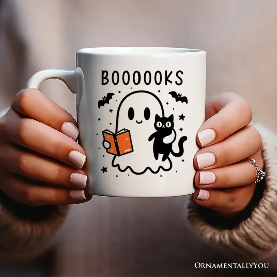 Boooooks and Purrs, Halloween Mug, Cute Books and Cats Lover Ghost Gift {2}