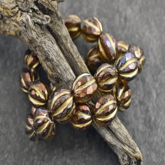 *12* 10mm Gold Washed Root Beer Topaz AB Faceted Round Melon Beads {3}