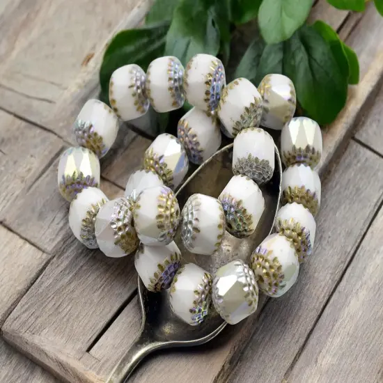 *10* 10mm Gold & Silver Washed White Alabaster AB Fire Polished Cathedral Beads {2}