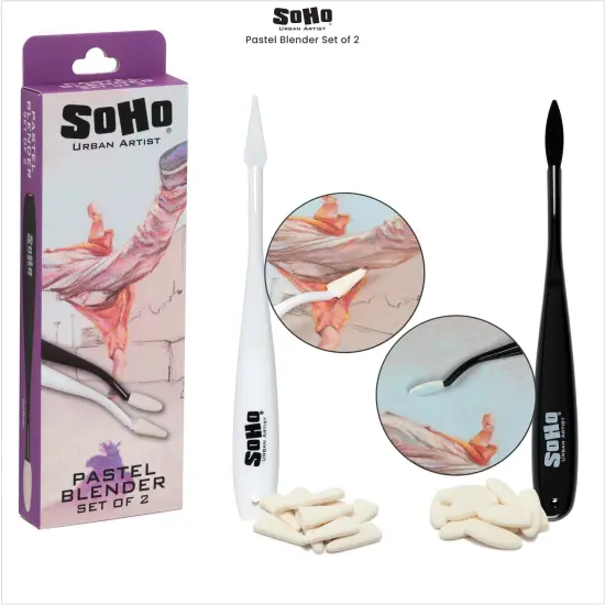 SoHo Urban Artist Pastel Blender Knife - Set of 2 - 1 Pack - Soft Pastel Blending Tools w/ 20 Mixed Foam Covers - Oval & Pointed Applicator - Plastic Palette Knife Set for Blending Soft Pastels & Charcoal {7}