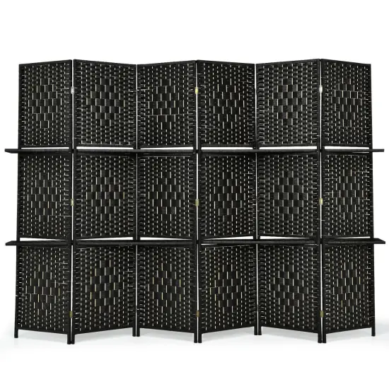 6 Panel Folding Weave Fiber Room Divider with 2 Display Shelves Brown {8}