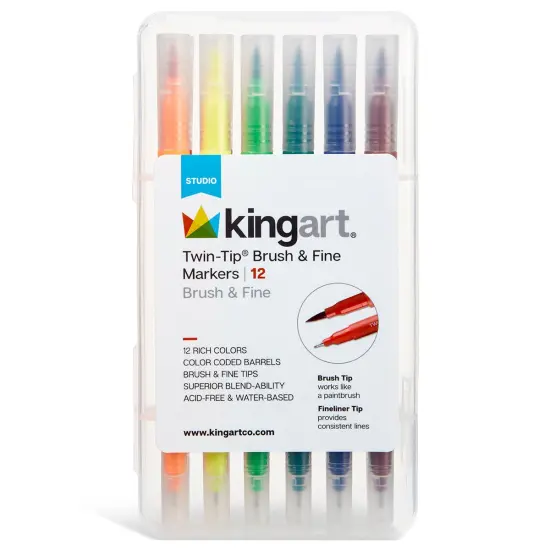 KINGART&reg; Twin-Tip&trade; Brush & Fine Markers, Set of 12 Unique Colors {3}