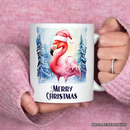 Flamingo with Santa Hat Mug, Winter Forest Christmas Gift {1}