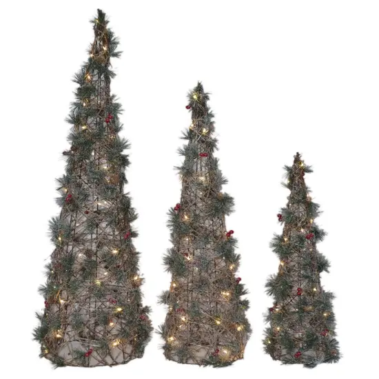 Christmas Cone Trees with Greenery Pre-Lit - Set of 3 {1}