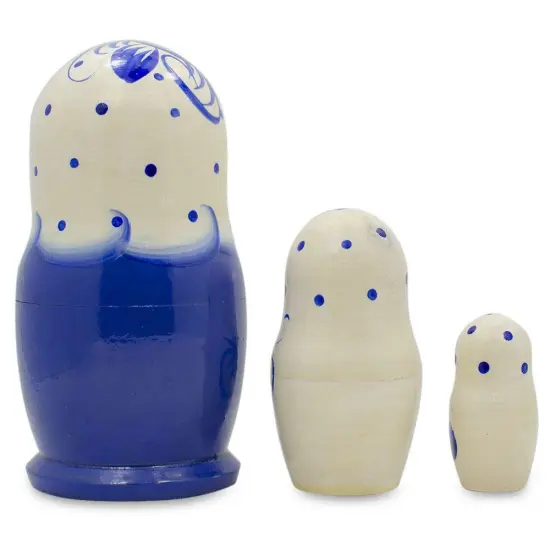Set of 3 Gzhel Painting Blue Wooden Matryoshka Nesting Dolls 3.75 Inches {3}