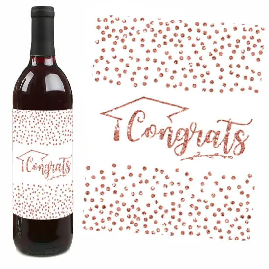 Big Dot of Happiness Rose Gold Grad - 2025 Graduation Party Decorations for Women and Men - Wine Bottle Label Stickers - Set of 4 {7}
