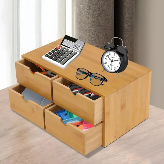Bamboo Desk Organizer with 4 Drawers Tabletop Mini Small Drawer Storage Box {3}