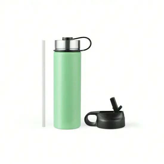 22 Oz Double-walled Insulated Stainless Steel Water Bottle with 2 Lids and Straw Green {10}