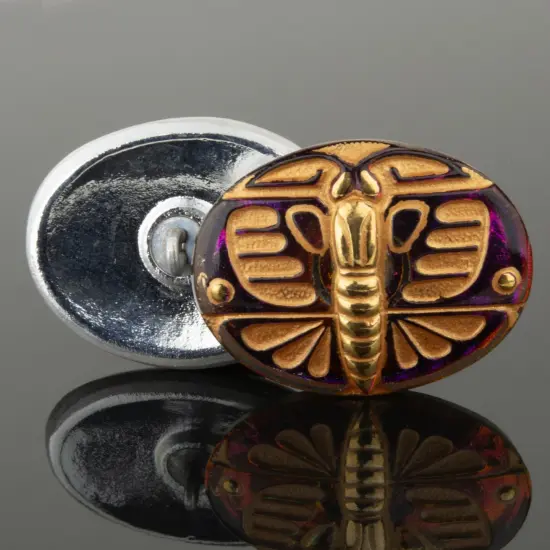 29x22mm Oval Art Deco Butterfly Purple Blue Iridescent Finish with Gold Wash and Gold Paint - CzechGlass Buttons {2}